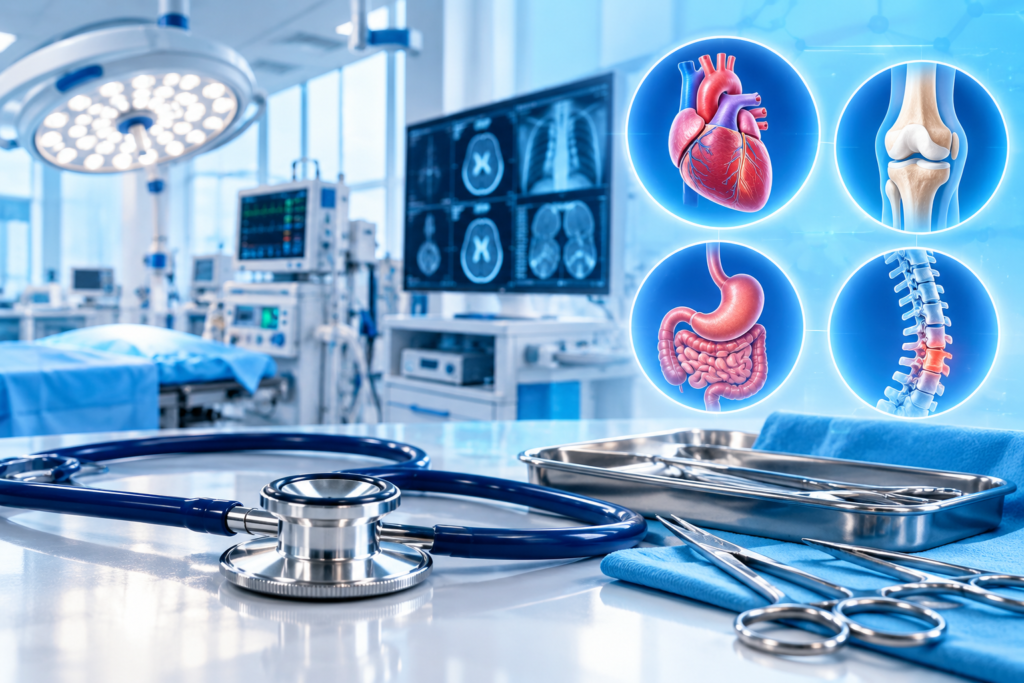 Medical treatments and procedures with hospital equipment and medical illustrations