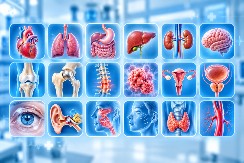 Medical specialties and surgical care across different body systems