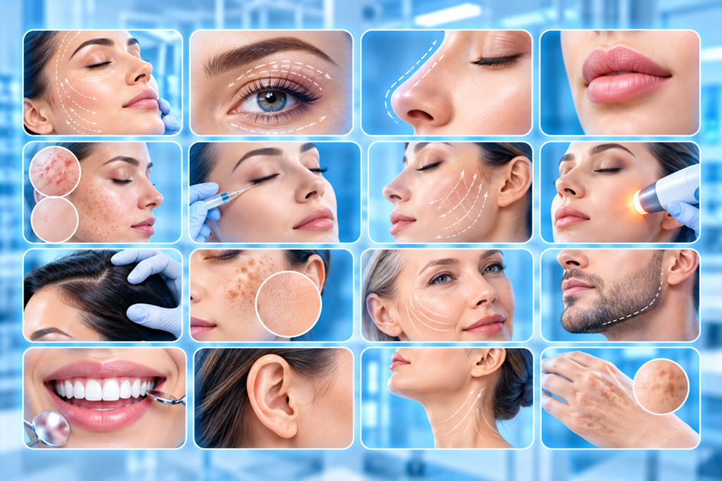 Aesthetic and cosmetic care procedures including facial treatments, skin care and hair restoration