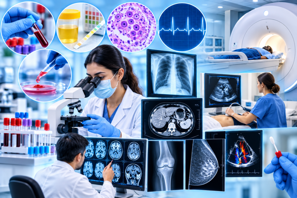 Medical diagnostic testing including laboratory tests, pathology, MRI, CT, X-ray and ultrasound