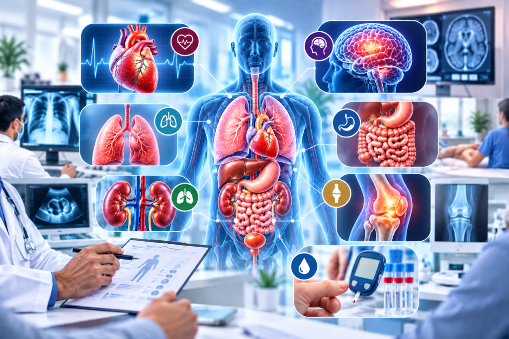 Common health conditions affecting the heart, brain, lungs, kidneys, digestive system, joints and blood sugar