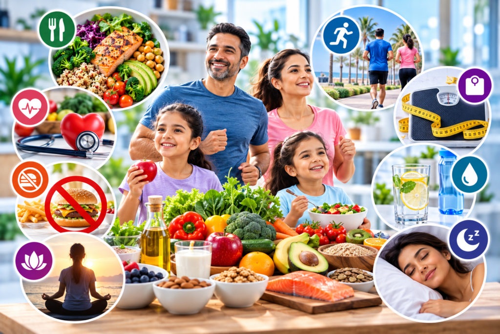Healthy living through balanced nutrition, physical activity, hydration, healthy weight, good sleep and wellbeing