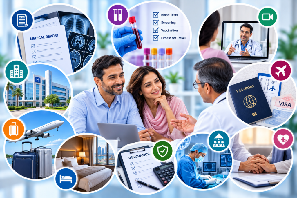 Preparing for medical treatment with medical records, tests, consultations, hospital planning, insurance and travel arrangements
