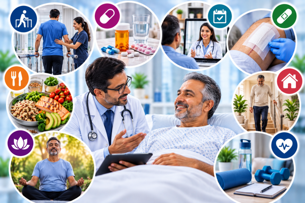 Recovery and aftercare including rehabilitation, wound care, medication, follow-up, nutrition, home recovery and healthy lifestyle